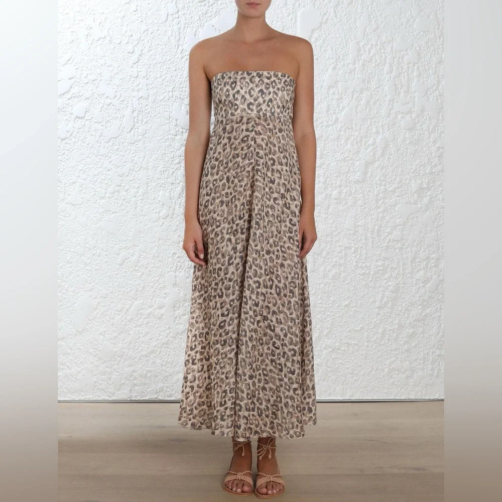 Zimmermann Women's Melody Strapless Maxi Dress In Leopard Size 1 π 100% linen π - Picture 1 of 11